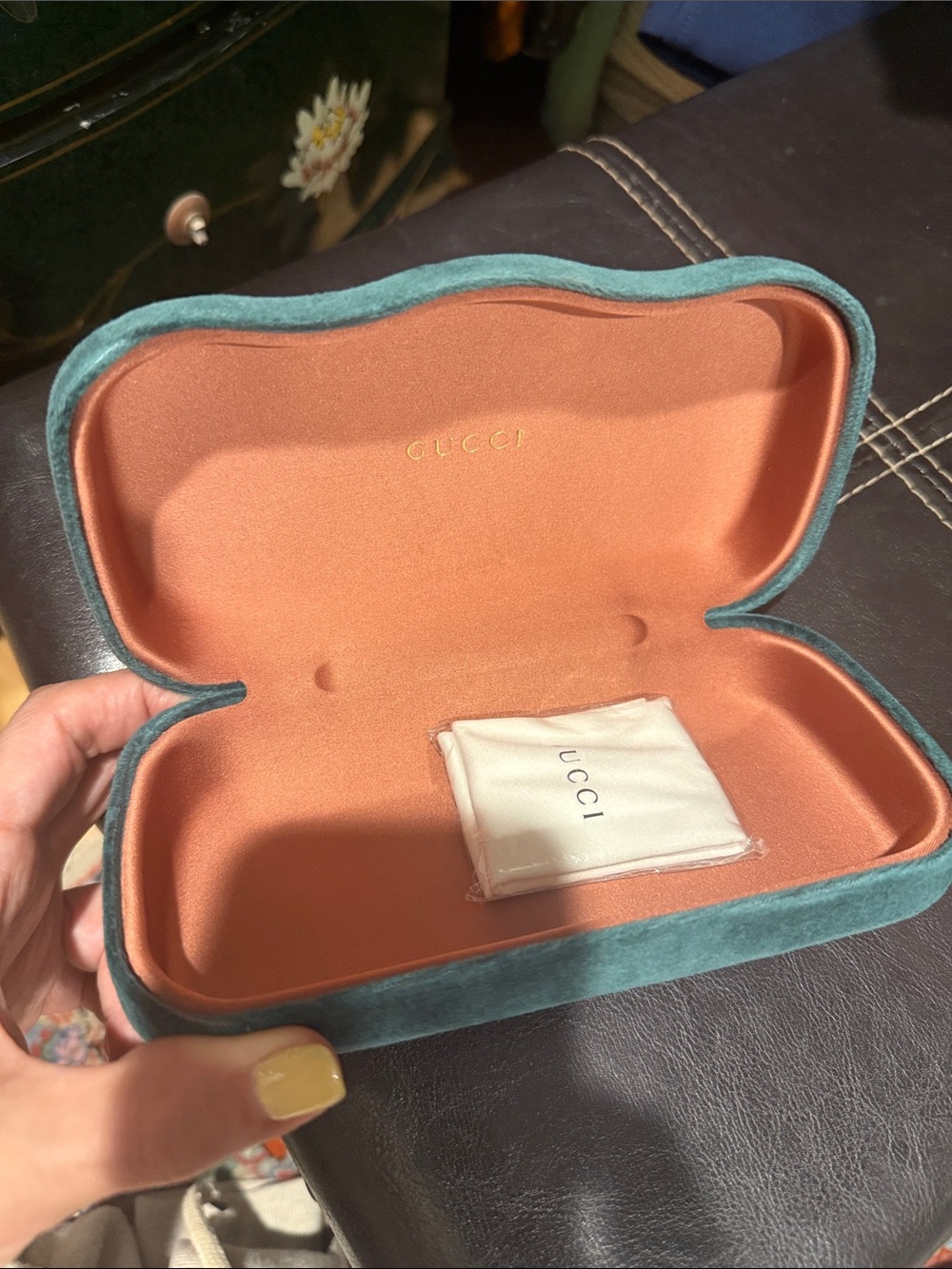 Gucci Teal Velvet Eyewear Case with Coral Interior